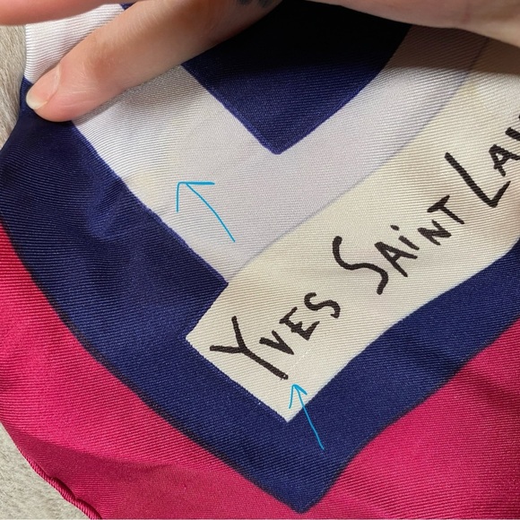Vintage Yves Saint Laurent Silk Scarf Square Pink Blue Diamond Pattern Logo - Picture 13 of 16